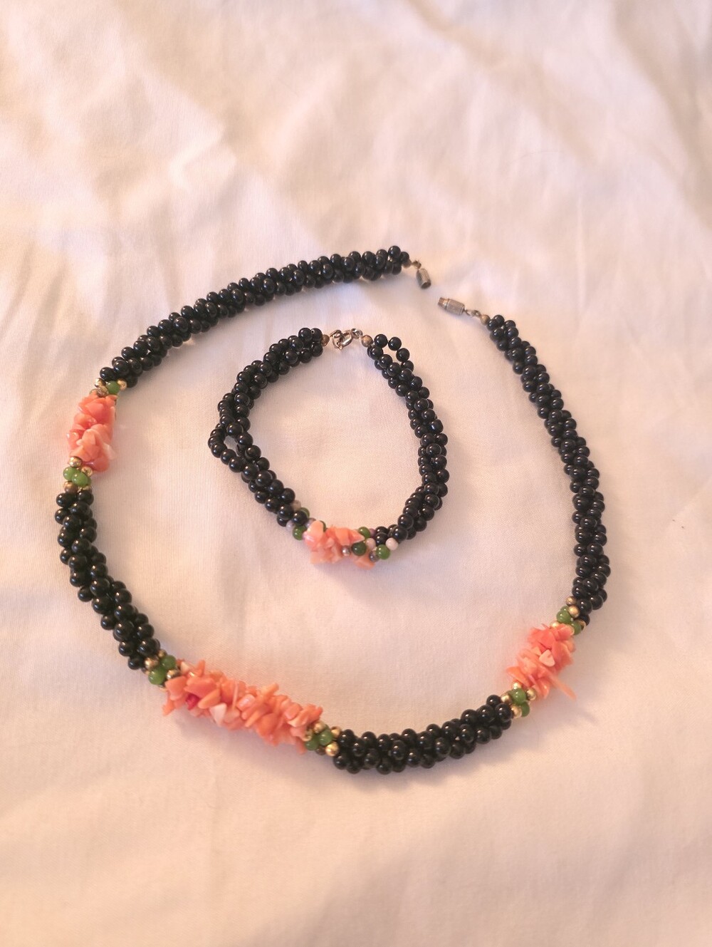 Black Bead Necklace & Bracelet Set with Coral Jade Accents